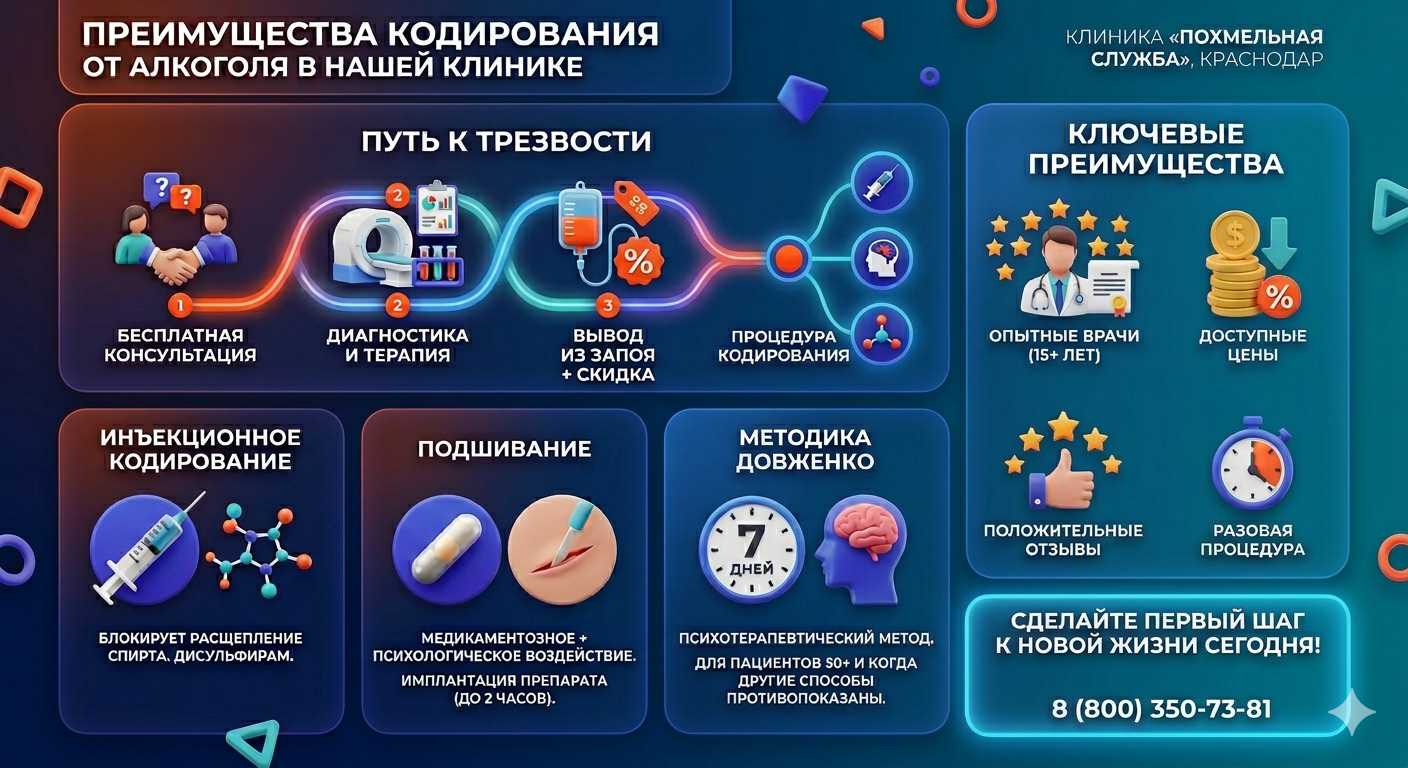 Инфографика о методах кодирования от алкоголя в Искитиме: инъекции, подшивание, метод Довженко. Преимущества клиники и этапы лечения.